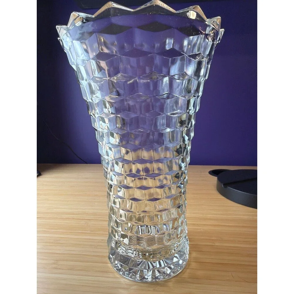 Vintage Clear Pressed Glass Vase Honeycomb Pattern Sawtooth Rim‎ 9.75